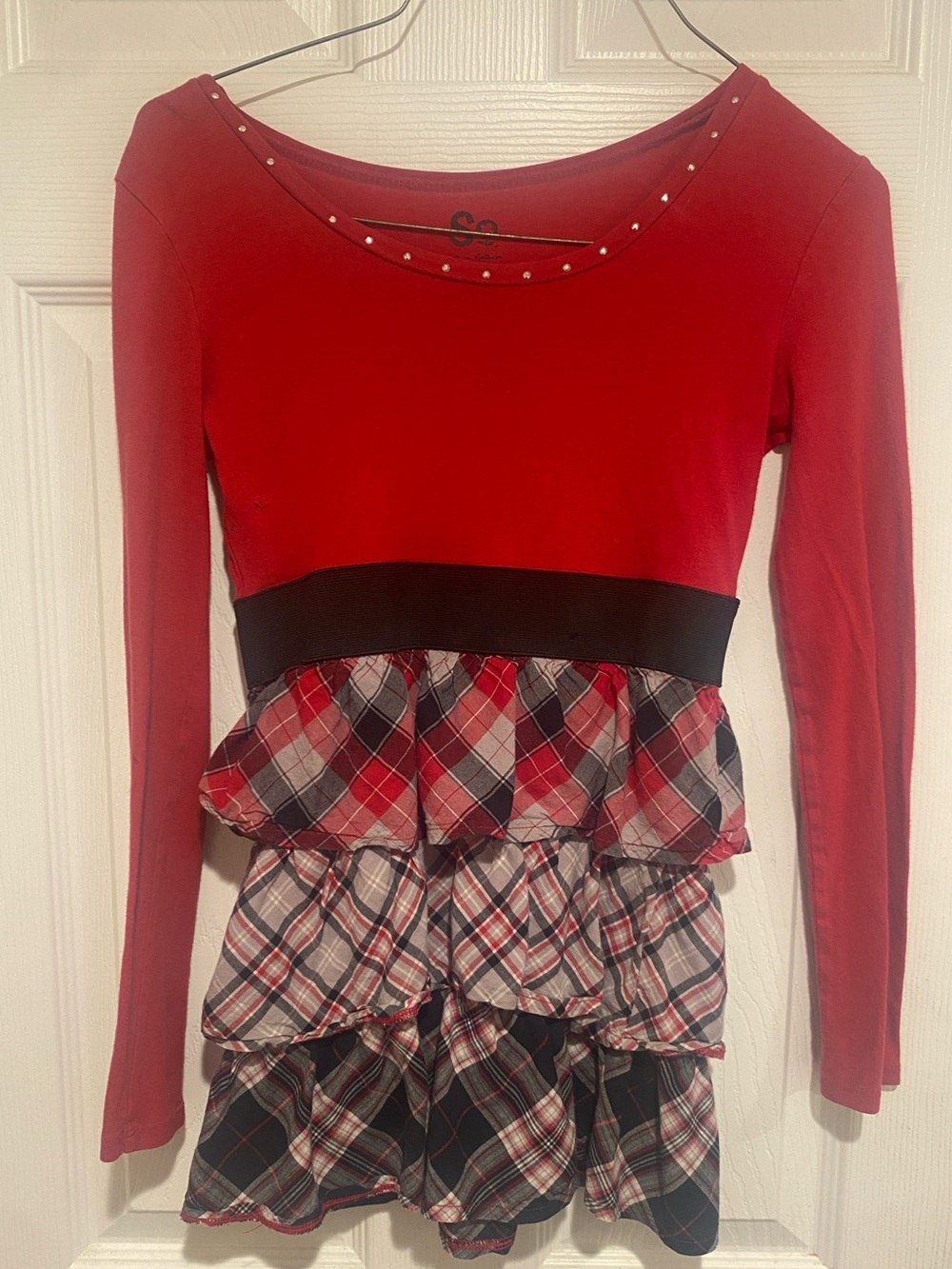 Kids SO Red Long-Sleeve Peplum Tunic with Plaid Ruffle Tiers